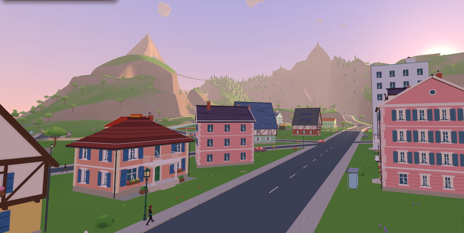 Screenshot einer mit Unity entwickelten Spielwelt mit Häusern, Straße und Bergen